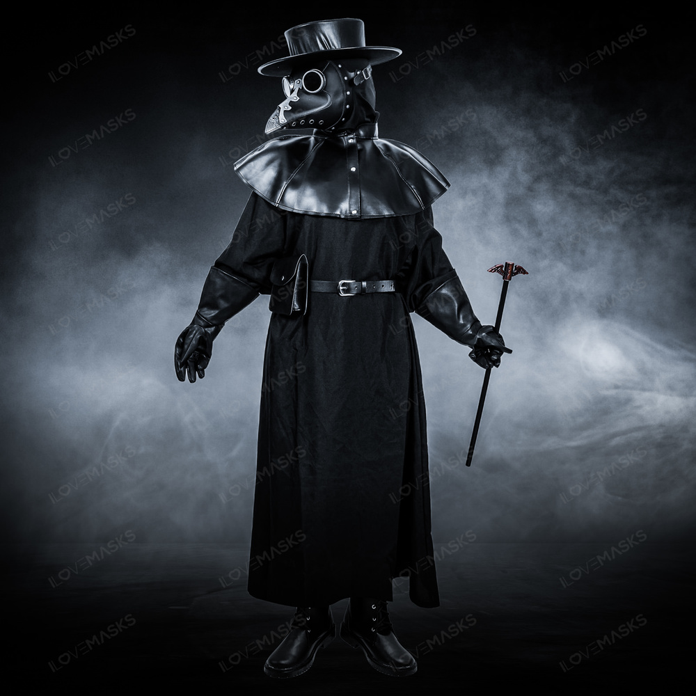 Plague Doctor Full Costume Robe Mask Hat Set - Black Silver